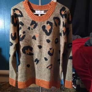 Harlow And Rose Tan Sweater Featured Orange And Black Accents Of Leopard Print